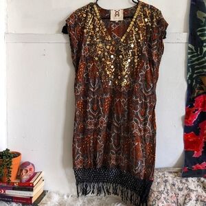 Figue Anais Sequin Fringe Tassel Boho Tunic Dress